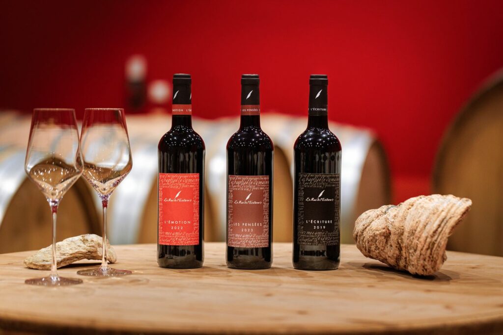 Trois bouteilles du Mas de l’Écriture et verres de dégustation dans le chai, domaine viticole de l’Hérault